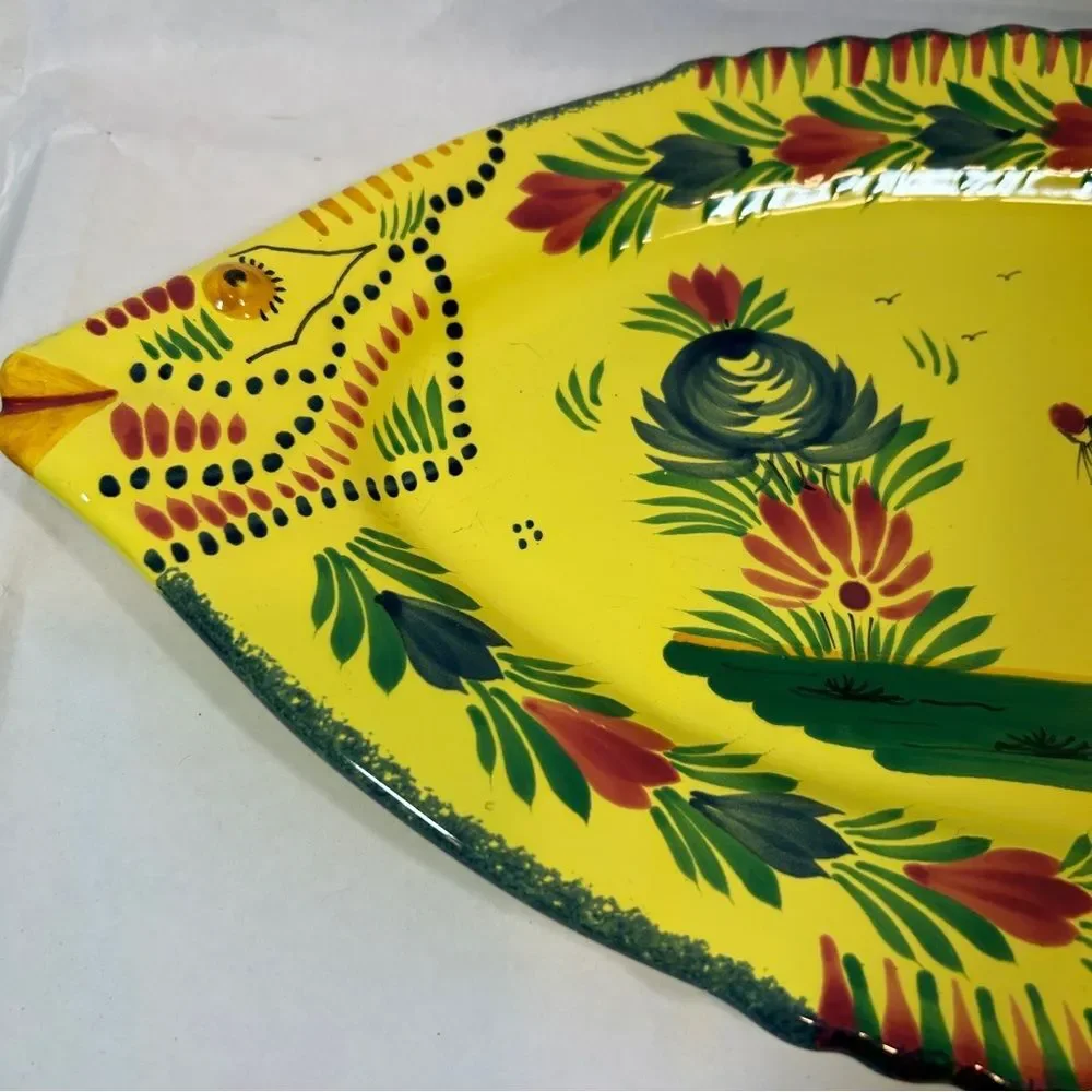 HB Henriot Quimper France Fish 19.25” Platter Yellow Soleil Pottery Femme Breton